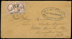 1852, 3¢ dull red, type II. Neat strike of blue oval handstamp on ...