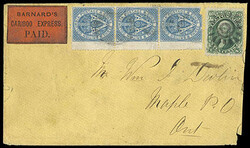 1861, 10¢ green. black on orange label (Thomas BCE-900) and vert. ...