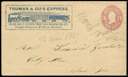 Truman & Co's Express. Blur printed frank (TRE-001) on 3¢ pink (U59) ...