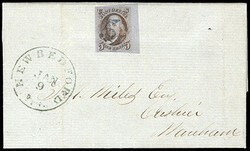 1847, 5¢ red brown, dot in "S" variety. Clear to mostly large ...