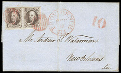 1847, 5¢ brown, horizontal pair. Clear to large margins, rich color, ...