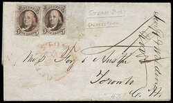 1847, 5¢ brown, two singles. Left stamp with four margins, right ...