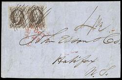 1847, 5¢ red brown, bottom right corner margin horizontal pair. ...