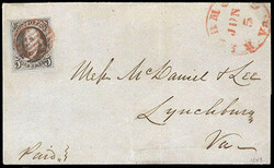 1847, 5¢ red brown. Large margins and striking deep color, tied by ...