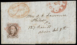 1847, 5¢ red brown. Four margins, tied by red grid on folded cover ...