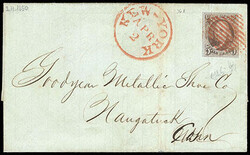 1847, 5¢ pale brown. Four large margins, tied by red square grid ...