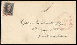 1847, 5¢ dark brown. Two ample to large margins, others touching to ...