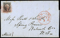 1847, 10¢ black. Four large margins, tied by red square grid ...