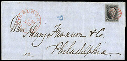 1847, 10¢ black. Four large margins, tied by red circular grid ...