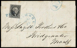 1847, 10¢ black. Position 36R. Ample to large margins, tied by blue ...