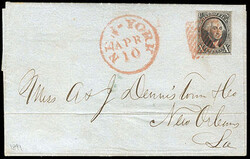 1847, 10¢ black. Clear to large margins, tied by red square grid ...