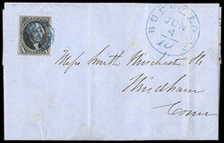 1847, 10¢ black. Margins large to just shaving frameline at top ...