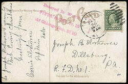 1908, 1¢ green, D.L. watermark. Tied by Papillon, Nebraska duplexon ...