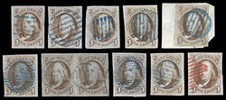 1847, 5¢ red brown, 19 singles and one pair. In a lovely array of ...