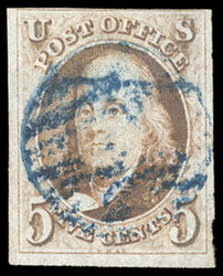 1847, 5¢ red brown. Blue grid cancel, large margins to clear at top, ...