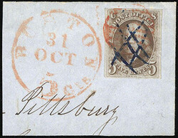 1847, 5¢ red brown. Four large even margins, minor wrinkle, sharp ...