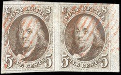 1847, 5¢ dark brown. Right margin horizontal pair, red New York ...