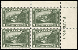 Canada, 1930, $1 Mt. Cavell. Corner margin block of 4 with plate ...