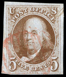 1847, 5¢ orange brown. Neat red circular grid cancel, margins full ...