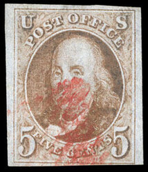 1847, 5¢ orange brown. Four large margins to just clear at bottom ...