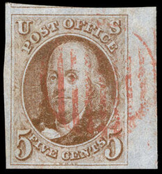 1847, 5¢ brown orange, Ridgeway cinnamon brown. Four huge margins ...