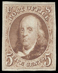1847 (1875 Reproduction), 5¢ red brown. Without gum as issued, large ...