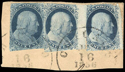 1851, 1¢ blue, type II, unofficial Chicago perf. 12½. Tied on ...