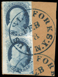 1851, 1¢ blue, types II & IIIa. Positions 41/51R1E, left margin ...