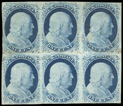 1852, 1¢ blue, type IV. Pos. 24-26/34-36R, block of 6, no gum, four ...