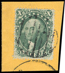 1857, 10¢ green, type I. Bright fresh color, tied on piece by grid ...