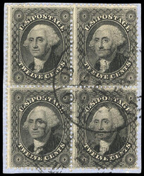 1857, 12¢ black, plate I. Block of 4, tied on piece by light "Mobile ...
