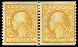 1909, 10¢ yellow, D.L. watermark, coil, perf. 12 vertically. Pair,o ...