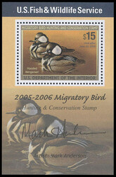 Federal Duck Stamp, 2005, $15 Hooded Mergansers, type I, souvenir ...