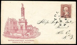 Battle Monument, Baltimore. Red design on cover to Belmont, N.Y., ...