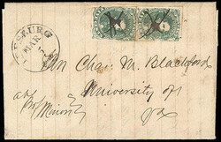 Confederacy, 1861, 5¢ green, two singles. Right stamp showing "white ...