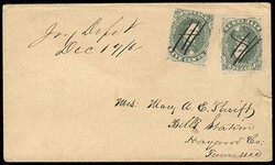 Confederacy, 1861, 5¢ green. Two singles (mostly large margins), ...