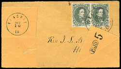 Confederacy, 1861, 5¢ dark green. Horizontal pair, four large ...