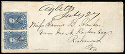 Confederacy, 1862, 5¢ blue, horizontal pair. Clear to large margins, ...