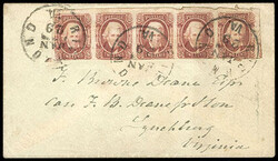 Confederacy, 1863, 2¢ brown red, horizontal strip of 5. The fourth ...