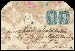 Confederacy, 1863, 10¢ blue, two singles. Ample to large margins, ...