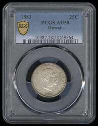 Hawaii, 1883, 25¢ Quarter. Almost Uncirculated 58, Slabbed in P.C.G ...