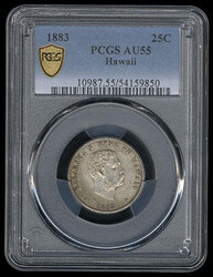 Hawaii, 1883, 25¢ Quarter. Almost Uncirculated 55 slabbed in P.C.G.S ...