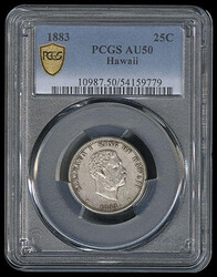 Hawaii, 1883, 25¢ Quarter. Almost Uncirculated 50, Slabbed in P.C.G ...