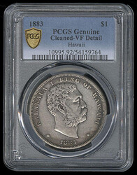 Hawaii, 1883, $1 dollar. P.C.G.S. slabbed "cleaned-VF details"; the ...
