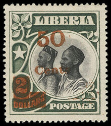 Liberia, 1915, 50¢ on $2 deep green & black, solid obliterator. O.g. ...