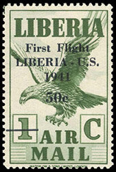 Liberia, 1941, 50¢ on 1¢ Green & 50¢ on 20¢ Magenta, First Flight ...