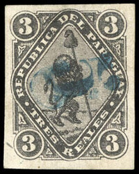 Paraguay, 1878, 5c on 3c black, blue surcharge doubled. O.g., hinge ...