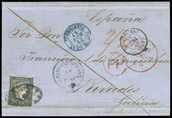Puerto Rico, Cuba, 1856, Isabella II ½p green used from PuertoRico. ...