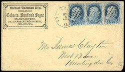 1861, 1¢ blue, type I, horizontal strip of three. Positions ...