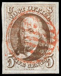 1847, 5¢ red brown. Light strike of red circular grid cancel ...